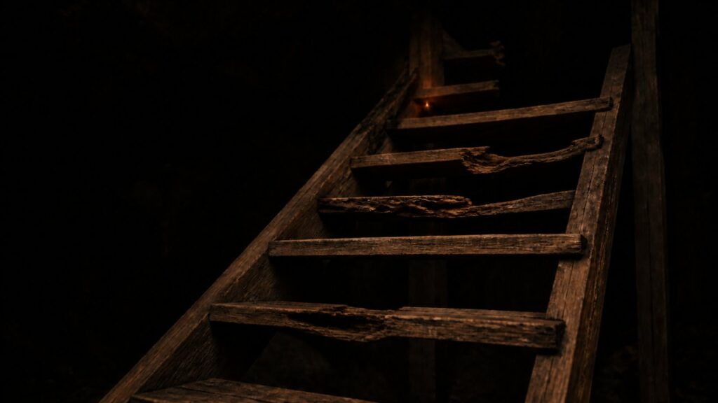 A staircase ascending into darkness with broken steps, representing the false hope of Rapture doctrine
