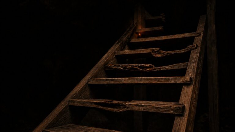 A staircase ascending into darkness with broken steps, representing the false hope of Rapture doctrine
