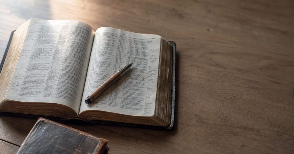 An open, well-worn Bible on a wooden desk with a pen and handwritten margin notes, symbolising personal scripture study.
