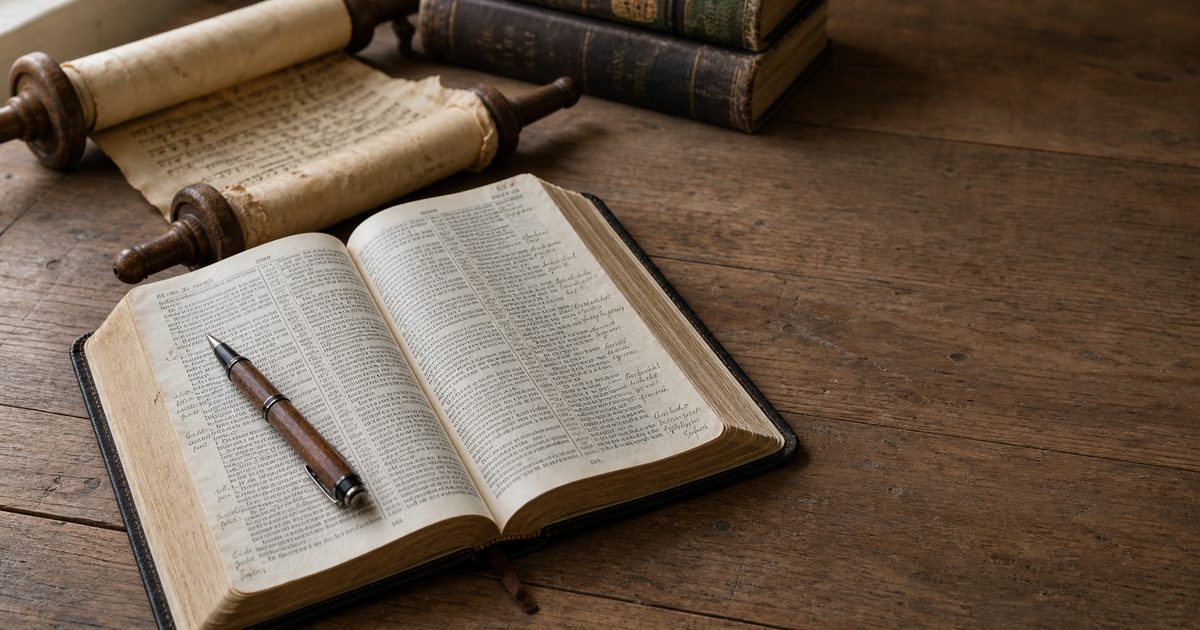 An open Bible beside an unrolled parchment scroll and a stack of worn antique books, representing Torah read alongside 1 Enoch, Jubilees and Jasher.