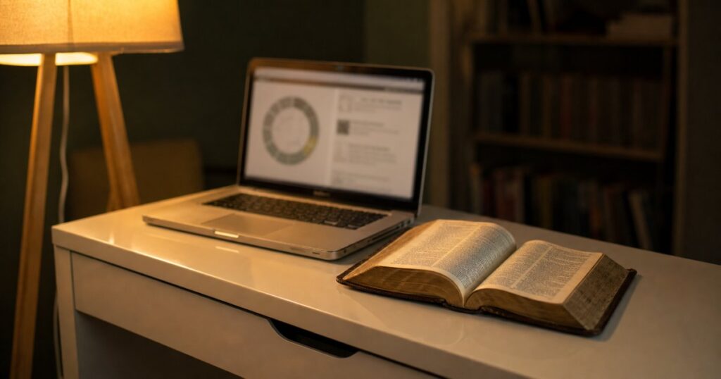 An open Bible beside a laptop showing a soft-focus study calendar, lit by a warm floor lamp on a home desk.