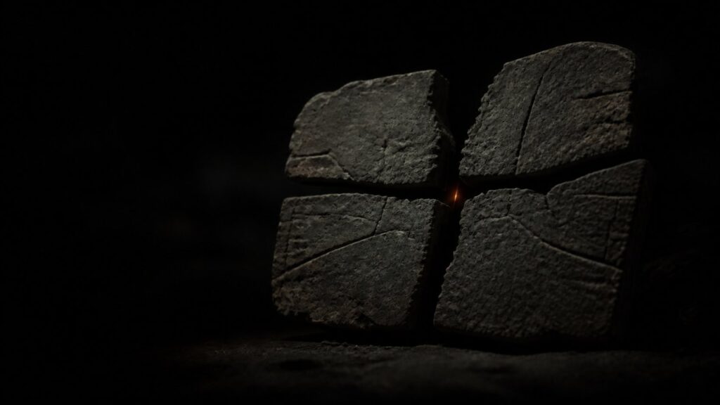 An ancient stone tablet forcibly cracked into four disconnected pieces, with a faint light glimpsed through the central gap