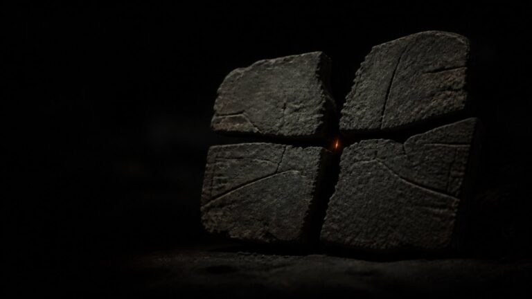 An ancient stone tablet forcibly cracked into four disconnected pieces, with a faint light glimpsed through the central gap