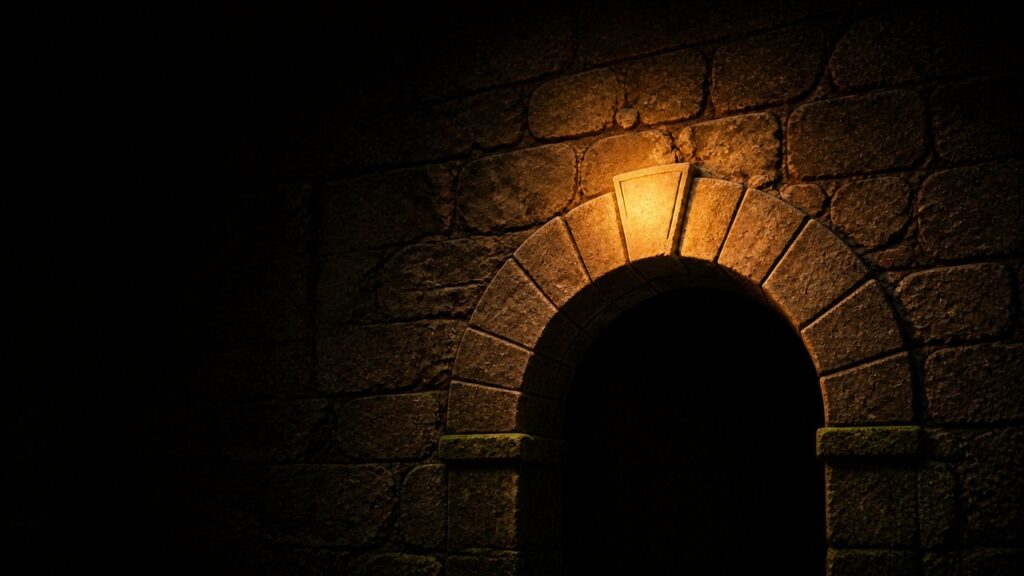 A stone keystone glowing with warm light, fitted into a foundation archway