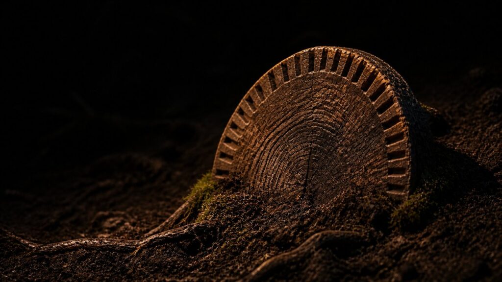 A weathered wooden calendar disc with carved rim notches, rooted in soil with visible tree roots and moss