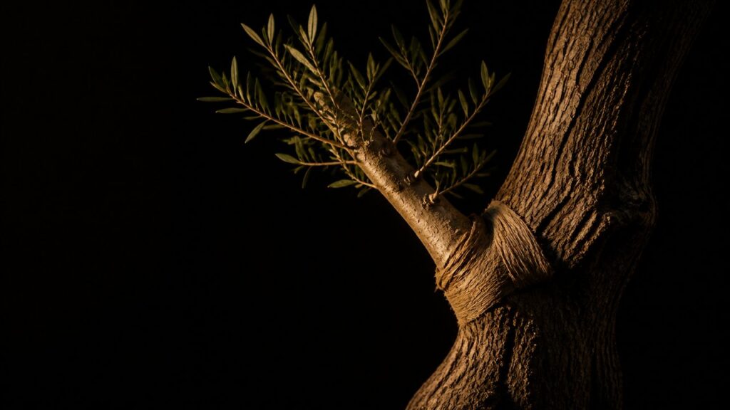 An olive branch grafted into a trunk, the graft point visibly bound, with leaves growing from the new branch