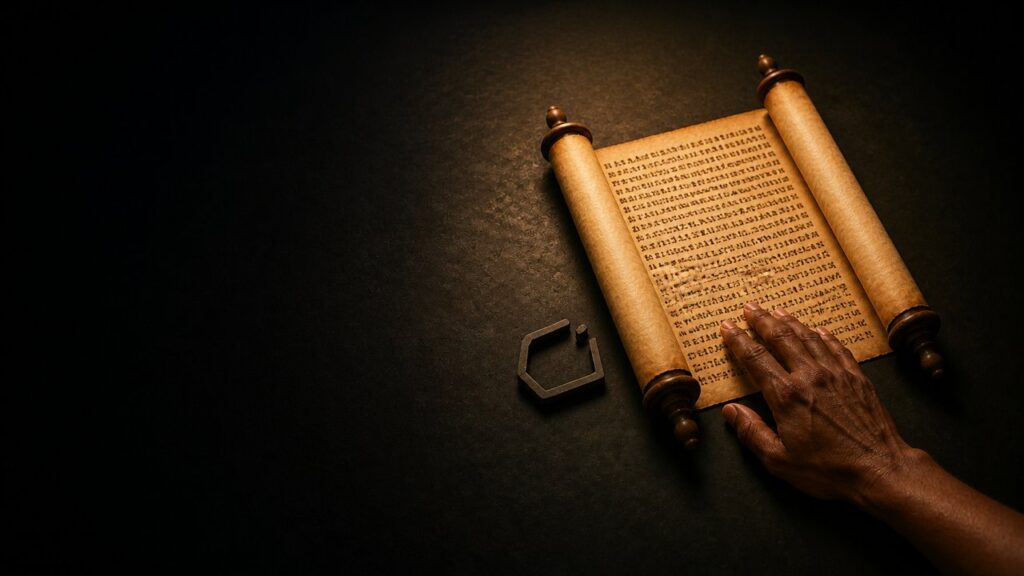 A hand reaching toward an open, inscribed scroll rather than a hollow geometric mark beside it