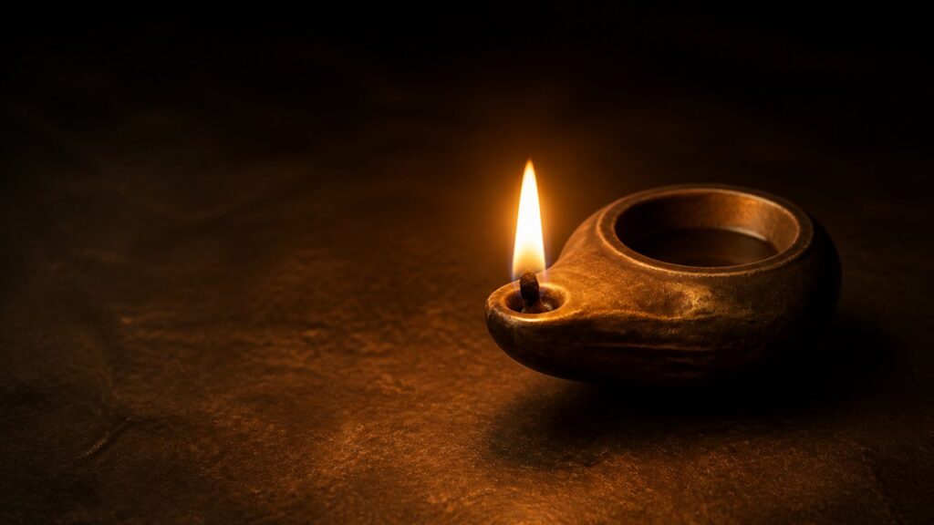 A trimmed oil lamp burning with a single steady flame