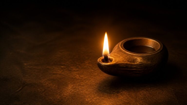 A trimmed oil lamp burning with a single steady flame